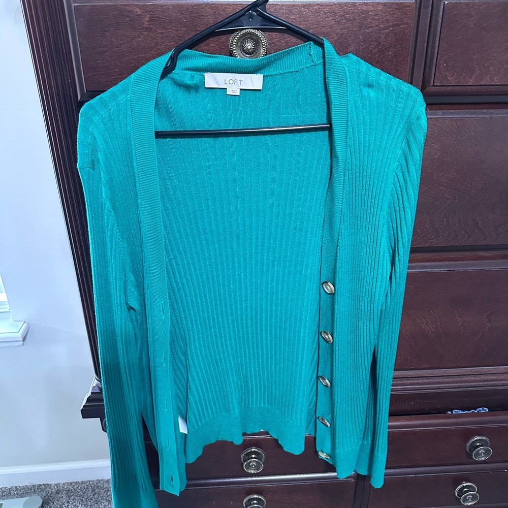 LOFT Green Cardigan Sweater with Long Sleeves